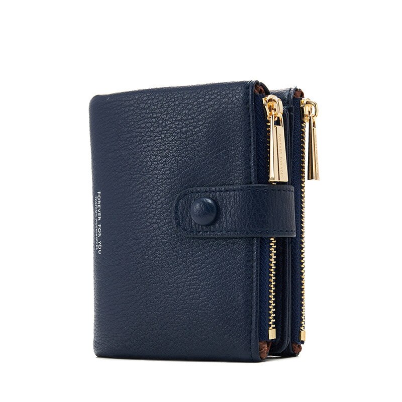 YIZHONG-portefeuille en cuir femme à Double fermeture éclair, porte-monnaie de luxe, court, multi-cartes, petit miroir, pochette: Dark Blue