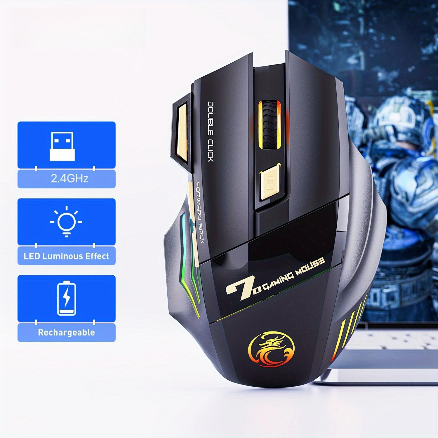 2.4G Wireless Gaming Mouse, Rechargeable Silent Wireless Mouse with 3200 DPI Adjustable,Double Click Key, Colorful RGB Lights