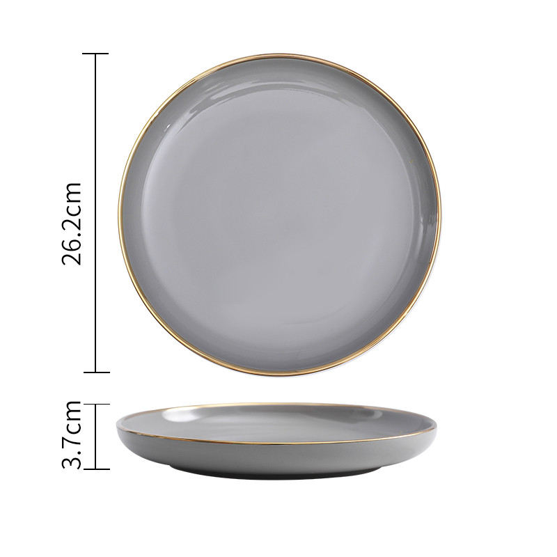 Light Luxury Ceramic Plate Smoke Gray Golden Rim Dinner Plates Dessert Dish Soup Bowl Dinning Room Western Tableware Set: F