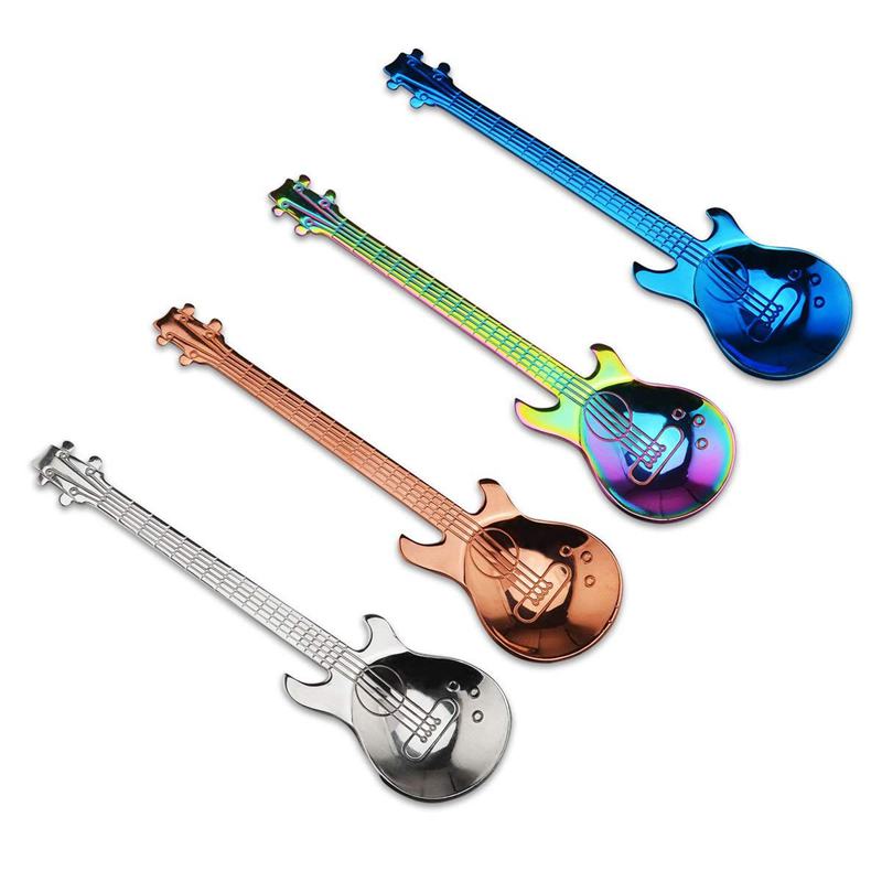 4pcs Stainless Steel Guitar Shaped Love Coffee Spoon Teaspoon Children Spoon Beautiful 7 Colors Coffee Tea Use: Default Title