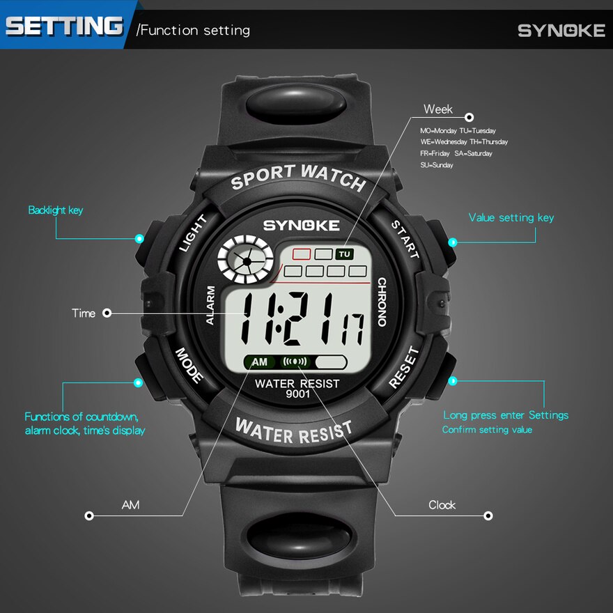 Synoke kinderhorloges jongens digitaal kinderhorloge student waterdicht siliconen tienerhorloges meisjes montre enfant garcon sport