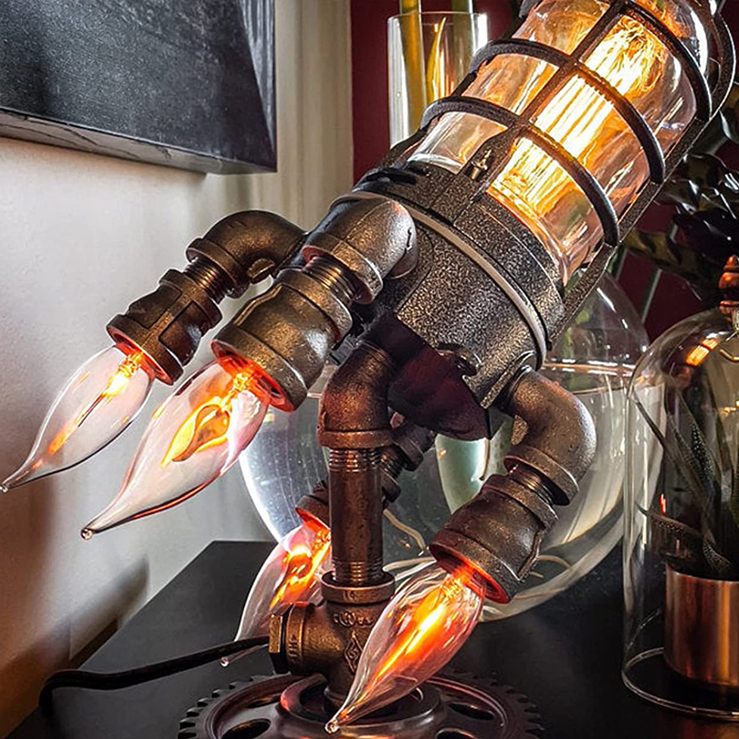 Retro Steampunk Rocket Lamp Light Simulation Flame LED Table Offices Cool Rocket Night Light Home Office Decor Desktop