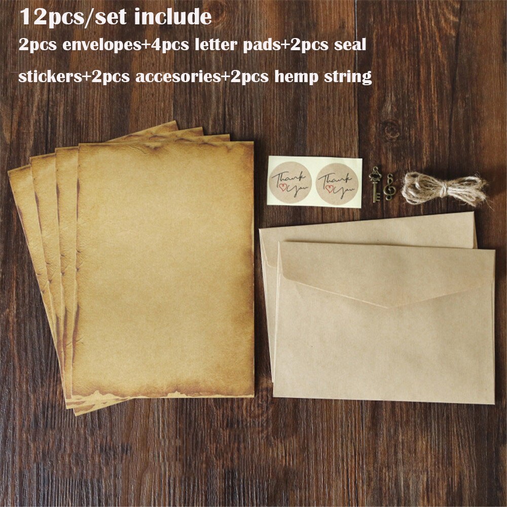 1 pack Kraft Envelope Letter Pad Set Vintage Letter Pads Writing Paper with Rope Wedding Party Invitation Envelopes Message Pads: H