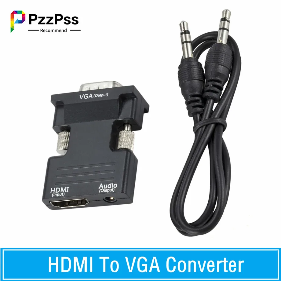 PzzPss HDMI-kompatybilny z konwerter VGA z 3.5Mm kablem Audio 1080P HDMI-kompatybilny żeński do VGA męski Adapter do PC Laptop