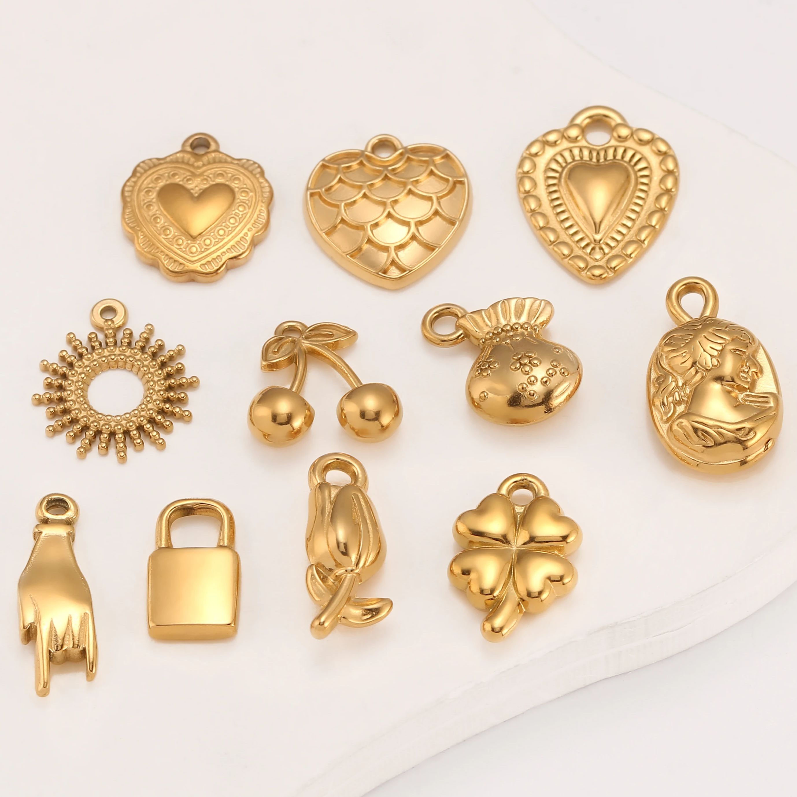 3 pezzi di ciondoli a forma di cuore/c lucchetto/trefoglio in acciaio inossidabile con simbolo della mano d'amore, non sbiadiscono, collana fai da te, braccialetto, creazione di gioielli