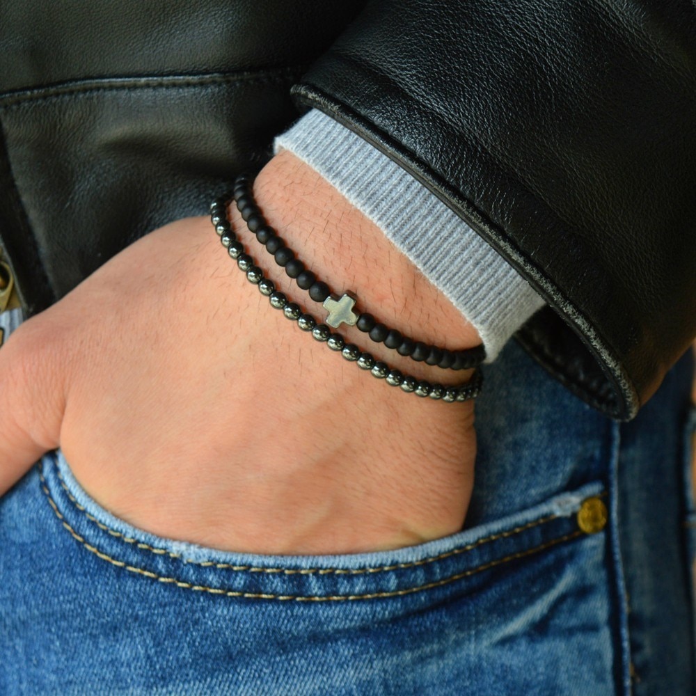 armband voor Mannen sieraden 6mm steen met hematiet kralen cross charm armbanden Luxe pulseras hombre