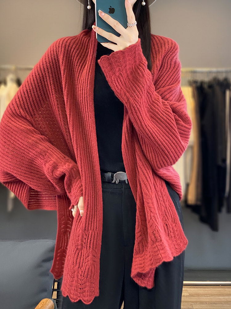 Camisola feminina cardigan xales de caxemira primavera outono 100% lã merino malhas rendas manga longa solta roupas femininas topos novo