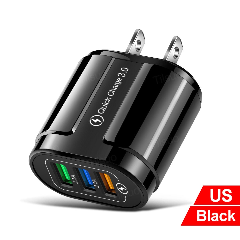 Tisluo USB Charger Quick Charge 3.0 Universal Wall Mobile Phone Charger for iPhone Samsung Xiaomi 3 Port Fast Charging Adapter: US Black