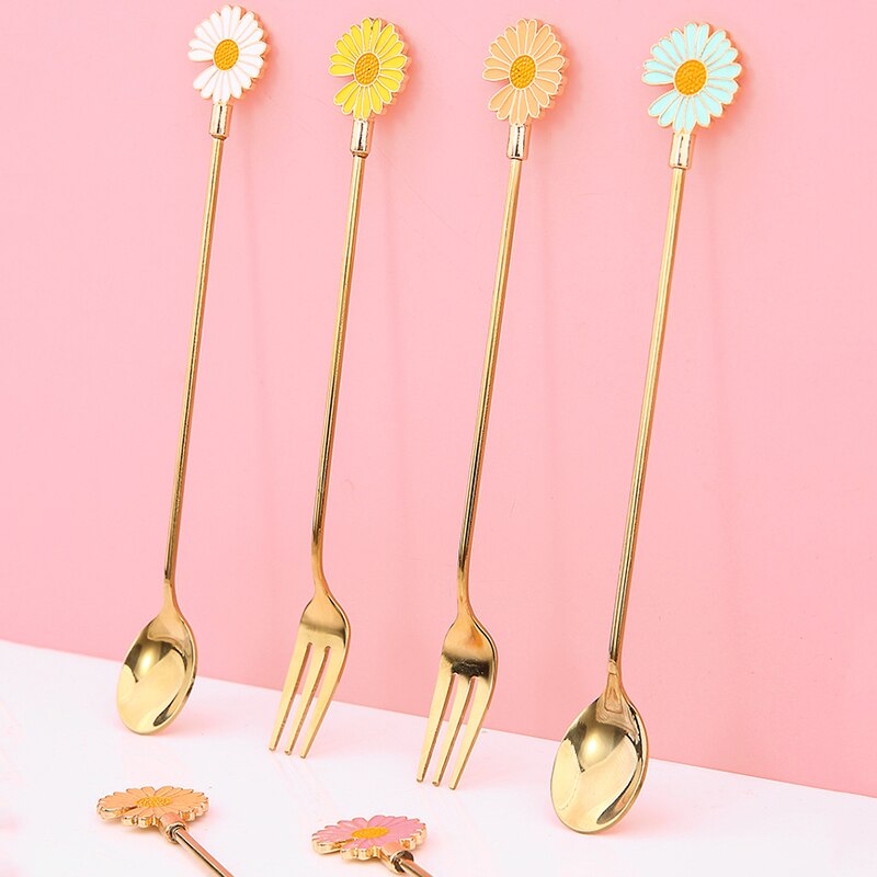1Pc Rvs Kersenbloesem Lepel Vork Taart Koffie Dessert Thee Ijs Roeren Lepels Leuke Daisy Keuken Theelepel