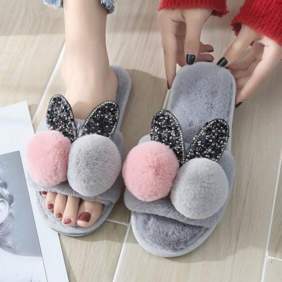 Winter Plush Ball Home Slipper Ladies Warm Short Furry Women Comfort Fur Rabbit Woman Soft Bottom Female Shoes ww20: Gray / 10