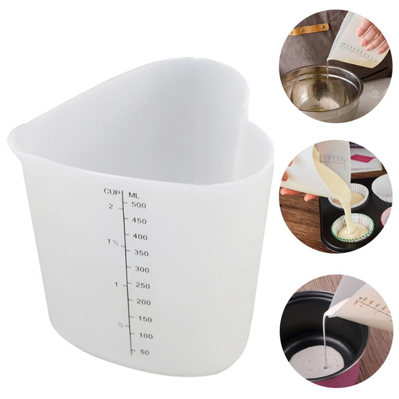 Utensilios medidores de cocina de 500ML, tazas medidoras de silicona, forma de corazón, espesar, suave, a prueba de aire, pinza Flexible para hornear pasteles
