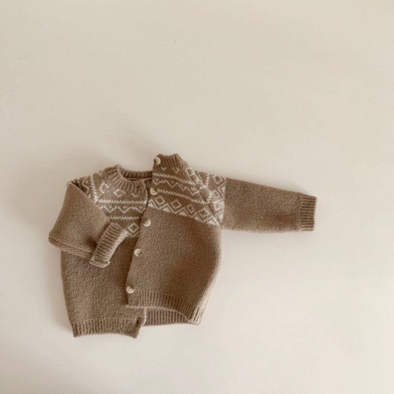 Veste Cardigan rétro en diamant pour bébé fille et garçon, pull en treillis, mignon et doux, vêtements décontractés pour enfants,: Marron / 100-2-3T