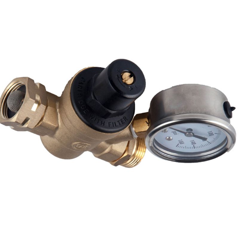 Brass Water Pressure Regulator 3/4 Lead-Free with Gauge Adjustable Water Pressure Regulator,Build-in Oil (NH Threads)