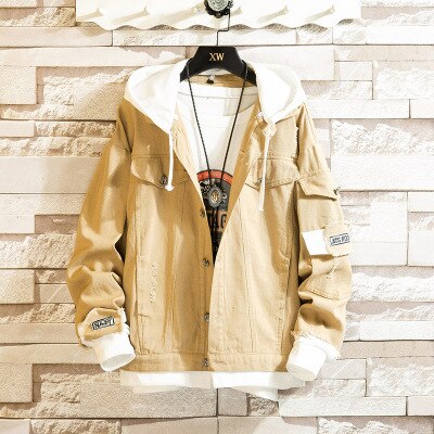 LOVZON Men Hooded Denim Jacket Coats Spring Autumn Men Holes Casual Denim Coats And Jackets Loose Jean Jackets: Yellow / L
