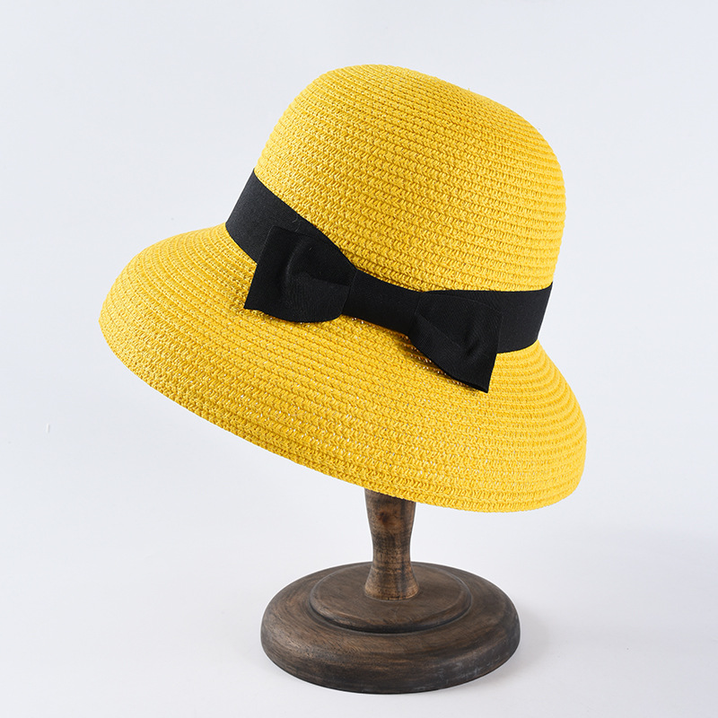 Hepburn-Sombrero de sol con lazo para mujer, sombrero de paja, sombrero de cubo, protector solar de color, sombrero de playa,: Blanco