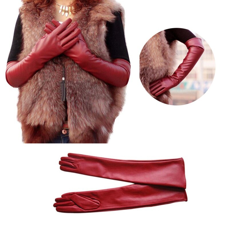 Women Faux Leather Long Gloves Full Fingers Winter Warm Gloves Outdoors Long Black Red