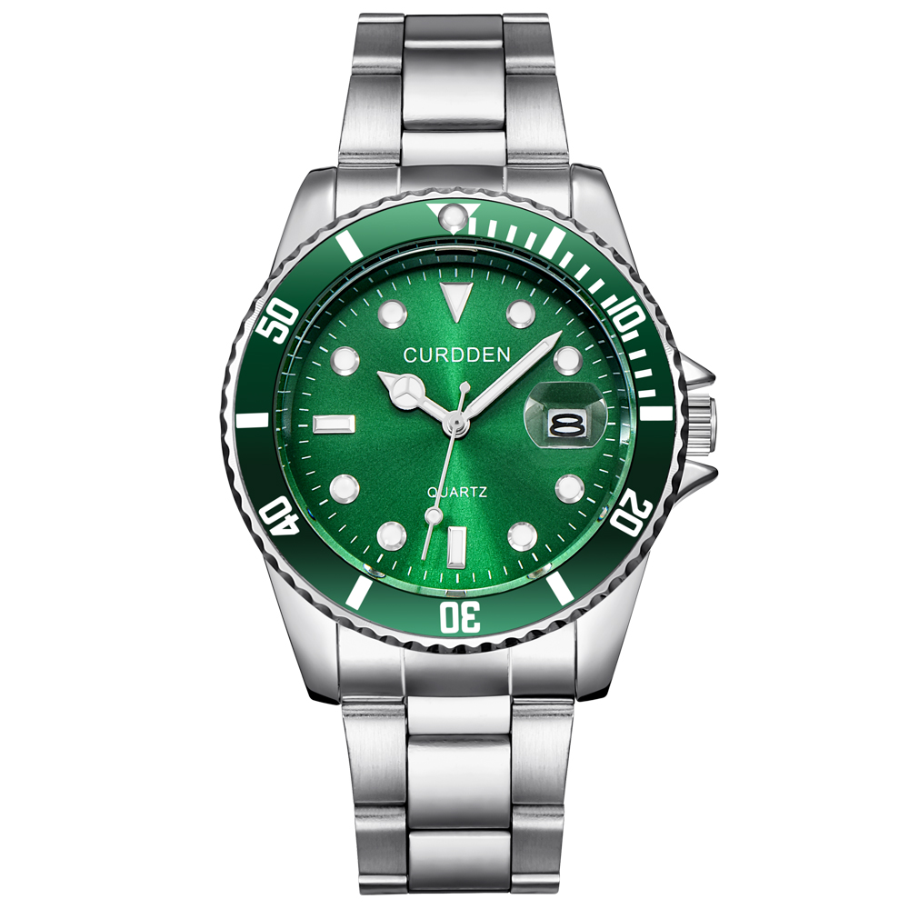 1 ud./lote, relojes de CURDDEN de para Hombre, Reloj de cuarzo con fecha de acero inoxidable a la para Hombre, Reloj de pulsera grande para Hombre Grande: Verde