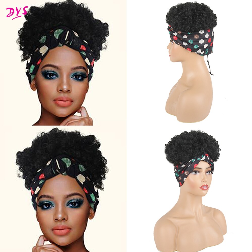 Deyngs-peluca envolvente de turbante 2 en 1, bandana Afro acolchada, moño corto, rizado, con cordón, peluca sintética, envoltura para cabeza, Afroamericana: 1B