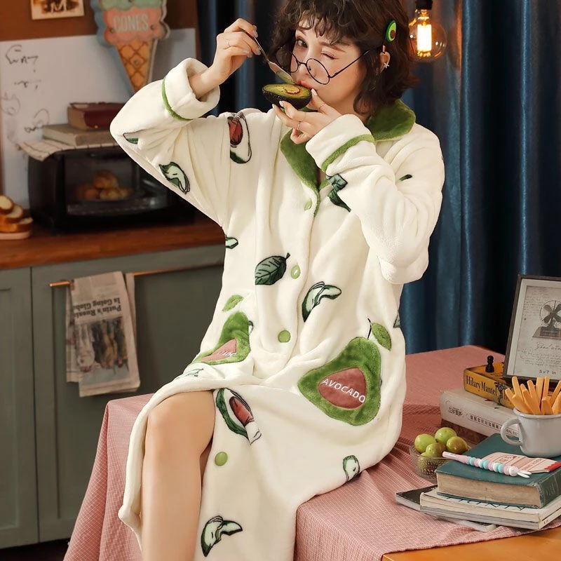 Bata de baño de manga larga para mujer, bata de franela gruesa de un solo pecho, con forro polar, para Otoño e Invierno