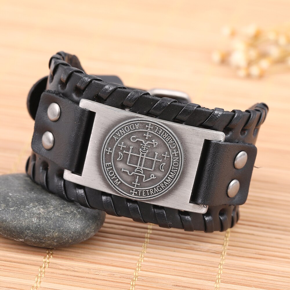 Skyrim Sigil Van Aartsengel Viking Brede Leren Armband Michael Raphael Talisman Vintage Angel Gothic Vermogen Bangles Man Sieraden