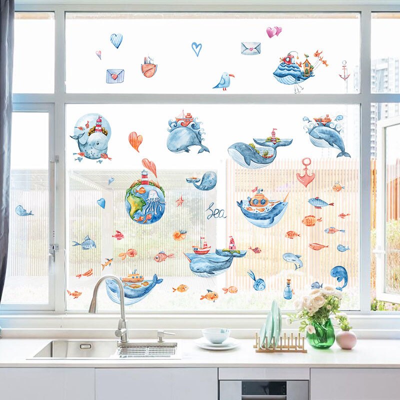 Film électrostatique de décoration de fond de fenêtre, produit mignon de dessin animé baleine, carrelage de salle de bains, porte en verre, film électrostatique