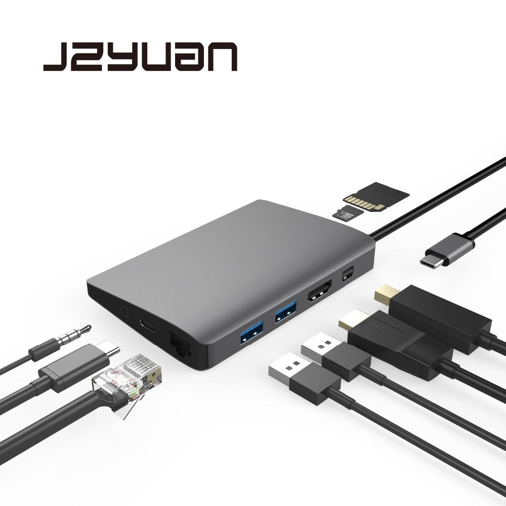 JZYuan USB C Laptop Docking Station Voor Macbook Pro USB C naar HDMI Mini DP 4 k RJ45 Gigabit LAN USB 3.0 Type C PD Voor Samsung S9
