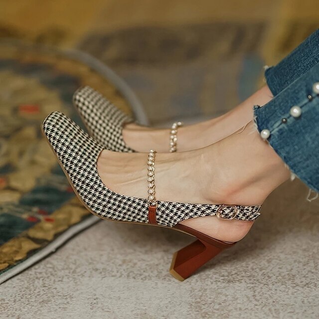 2022 Retro Ladies Stiletto Slingback Pointed Toe Shallow Mouth Single Shoes Plaid Summer Women&#39;s Sandals: brown2 / 35