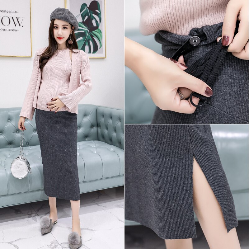 Faldas de otoño para vestido de maternidad, falda de tendencia de terciopelo tejida con abertura para mujeres embarazadas, ropa para la Oficina y el vientre