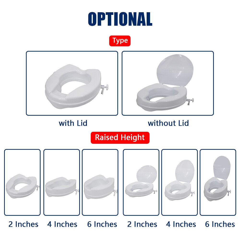 Patients Pregnant Women Toilet Seat Riser Elongated Raised Elevators Lifter Extender with Cover, Height 2/4/6 Inch
