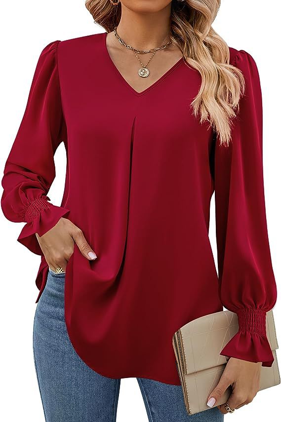 Solid Color Women's Shirt Autumn Item Solid Color Chiffon Shirt V-neck Pullover Trumpet Long Sleeved Top Blouse: S / Burgundy