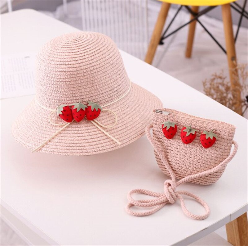 Hotsale Zomer Twee Stuk Een Set Kind Leuke Daisy Bloemen Schoudertas En Strooien Hoed Baby Meisje Zonnehoed Panama cap Gorros: Strawberry  D