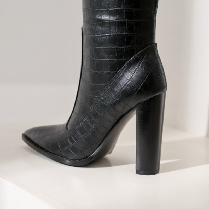 Bottes hautes pointues et épaisses à talons hauts pour femme, chaussures européennes et américaines, noires, blanches, grandes 43, sexy, hiver