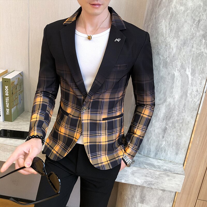 Veste à carreaux pour hommes, veste Slim à la et à un bouton, tenue asiatique pour hommes, modèle décontracté