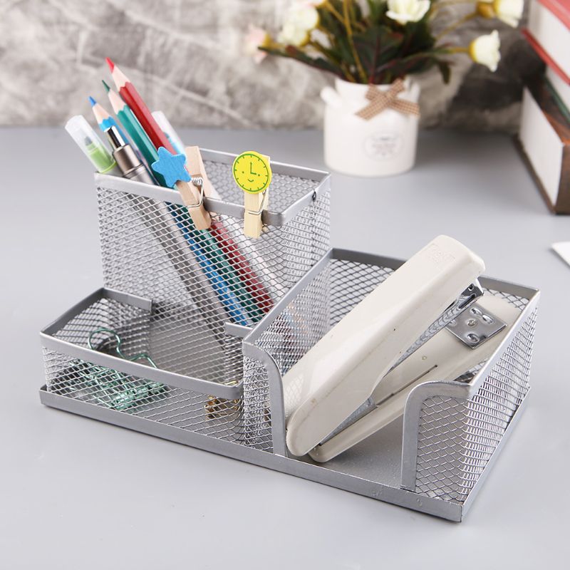 4 Colors Metal Mesh Desk Organizer Pen Pencil Storage Holder with 3 Compartments for Home Office Students Supplies Accessories