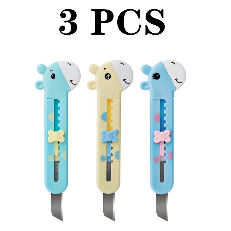 3 st  / 5 st godis tecknad giraff multifunktionell konstkniv och bekväm säkerhetstapetkniv för barn med lock: 3 st färg slumpmässigt