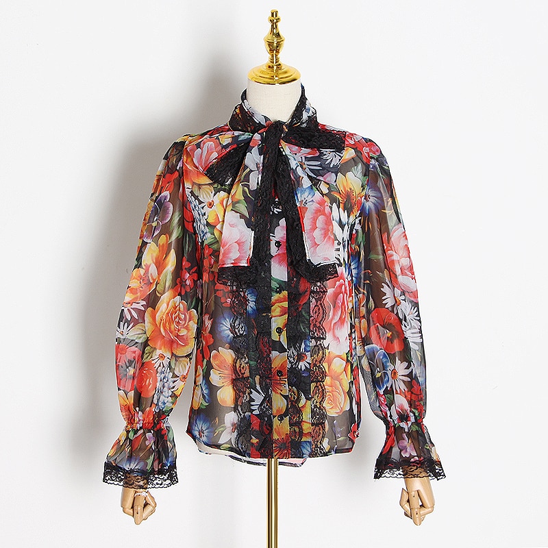 Twotwinstyle dameskjorter bluse sløyfe bluss langermet lappeteppe blondetrykk topper kvinnelig vår: S