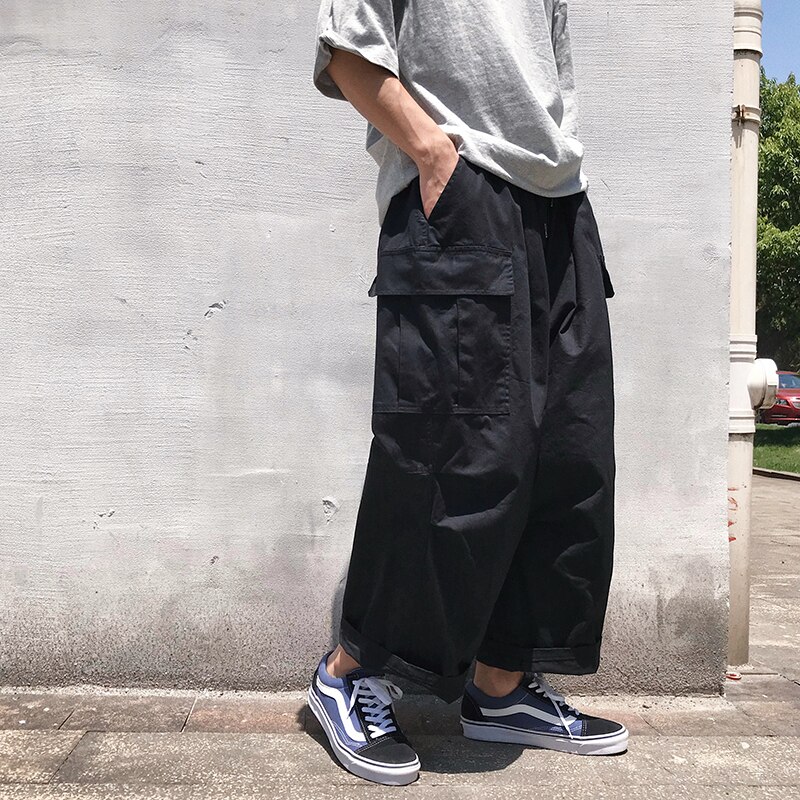 Menn casual straight japanske cargo bukser herre løs collage brede ben bukser menn streetwear bukser rumper