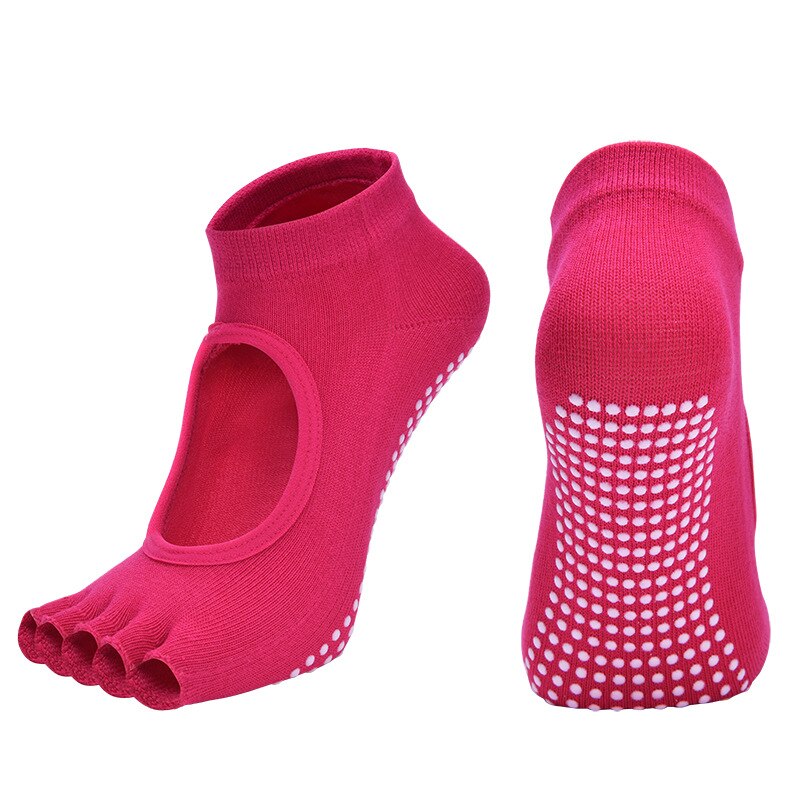 Breathable Backless Five Toe Yoga Socks Women Anti-slip Silicone Cotton GYM Dance Ballet Pilates Ladies Sports Slippers: Rose Red