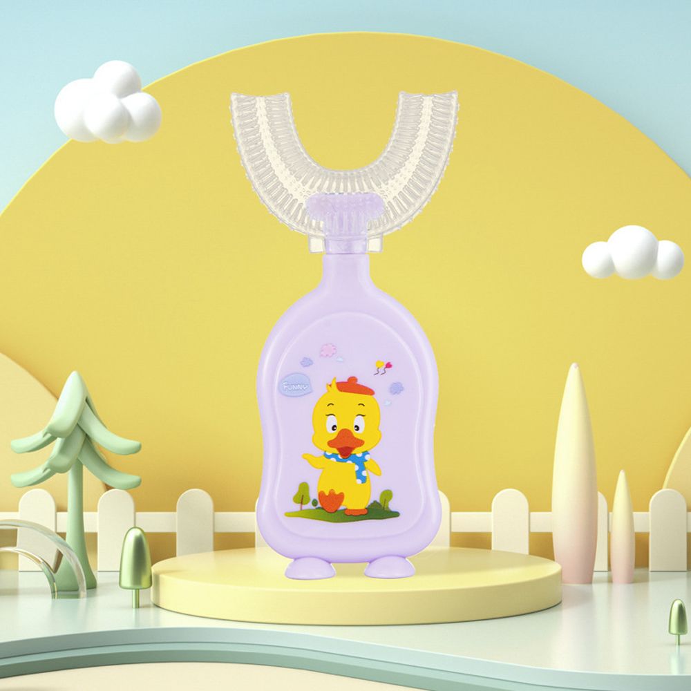 2-13 anni nuovo simpatico orso anatra bocca contenente tipo manuale a forma di U pulizia a 360 gradi massaggio spazzolino da denti in Silicone: purple-Duck