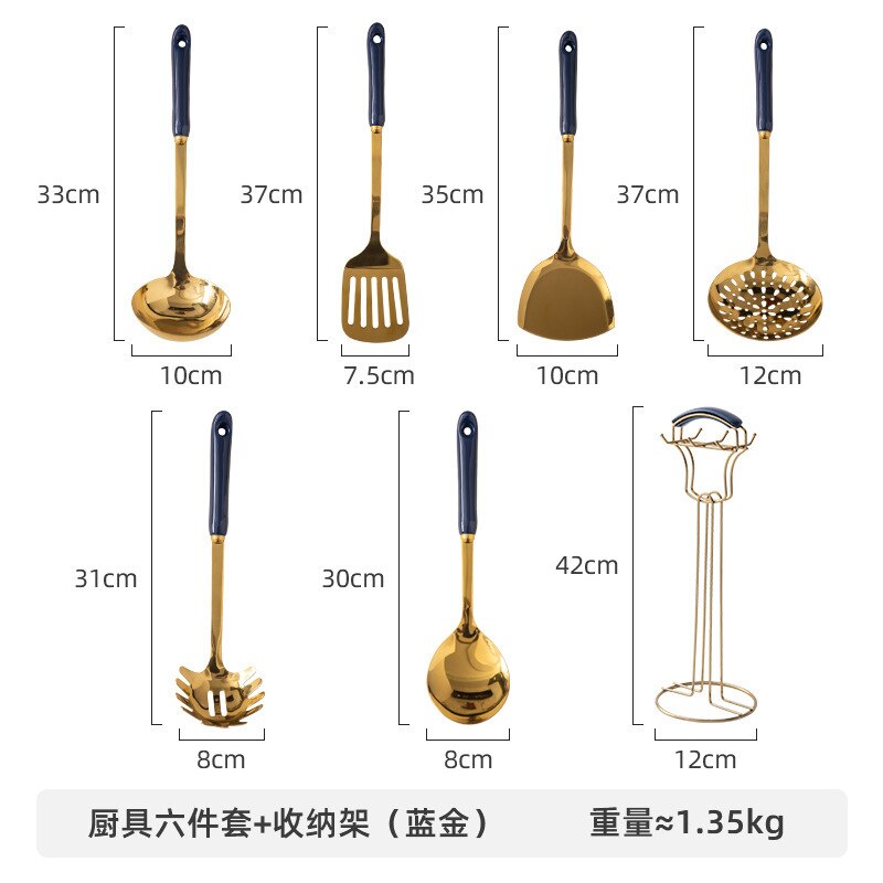 Multifunktionel køkkenværktøj 7 stk/sæt med holder keramik håndtag rustfrit stål suppe ske spatel køkkenredskaber sæt: 7 stk blå guld