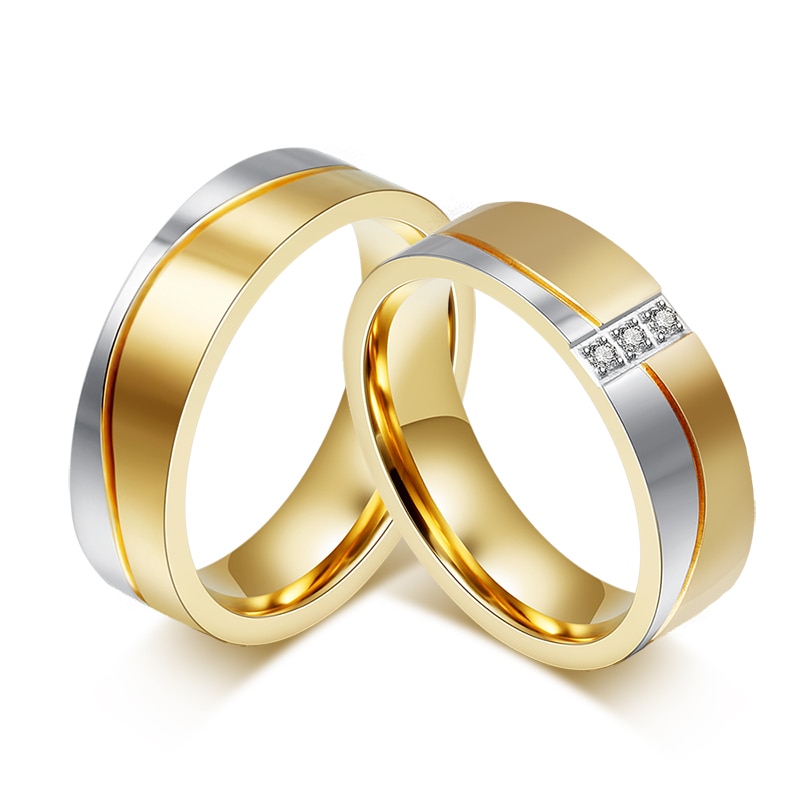Hochzeit Ring für Paar Gold Farbe Edelstahl Ring CZ Stein Weiblichen und Männlichen Allianz Schmuck