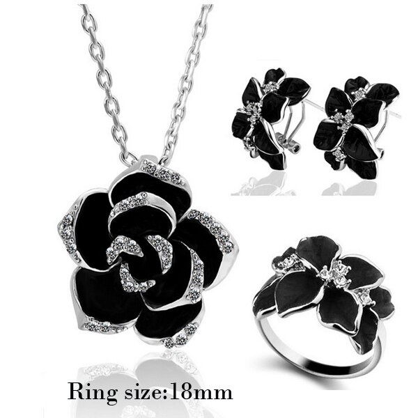 Rose Blume Emaille Schmuck-einstellen Rose Gold Farbe Schwarz Malerei Braut Schmuck setzt für Frauen Hochzeit 82606: Silber- Schwarz 3 18mm