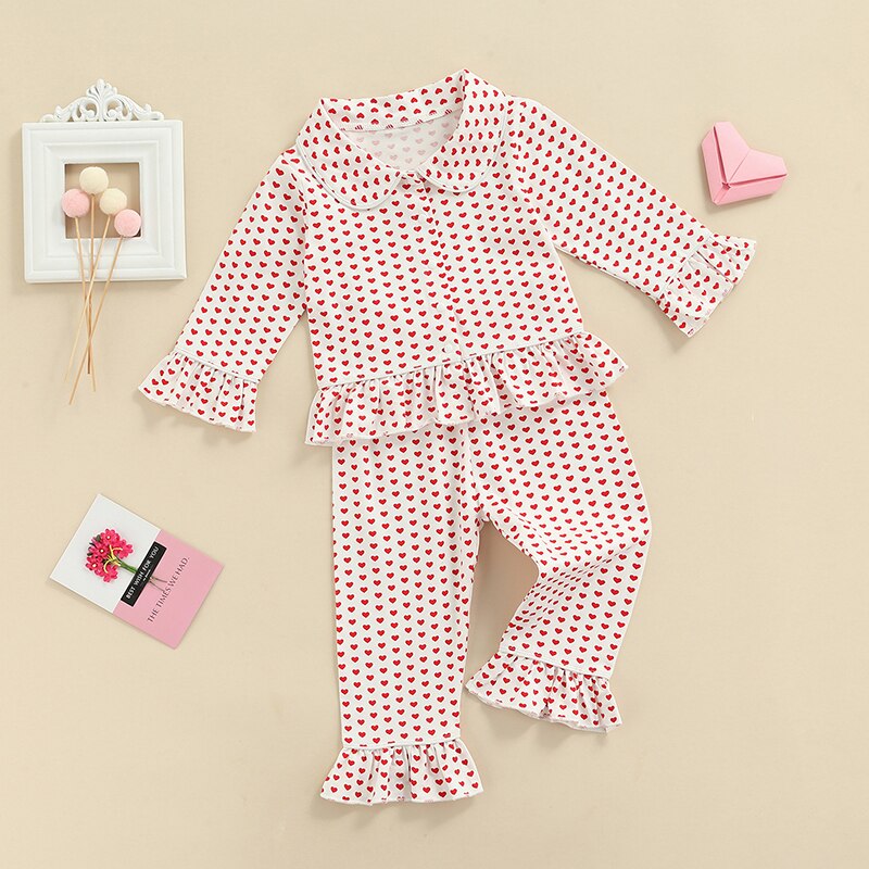 Ensemble pyjama pour bébé fille, chemise à manches longues et ourlet à volants à revers avec boutons + pantalon à taille élastique, vêtements de maison décontractés, costume 2 pièces, 18 mois à 6 ans