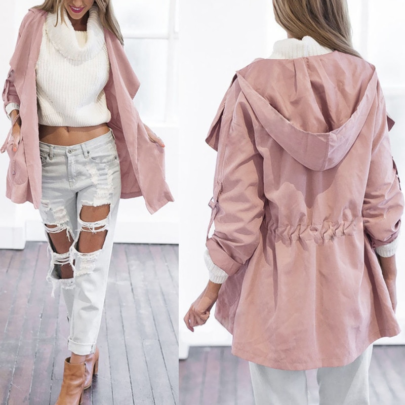 Solid trenchcoat dame efterår dame hætte tynd vindjakke mellemlang frakke afslappet løs streetwear frakker: Lyserød / S