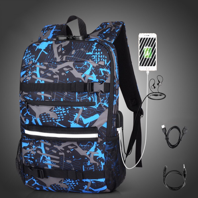 Sac à dos de Skateboard antivol avec verrouillage par mot de passe, chargeur Usb, à bandoulière, pour loisirs, voyage, ordinateur, Longboard, pour hommes et femmes: LH