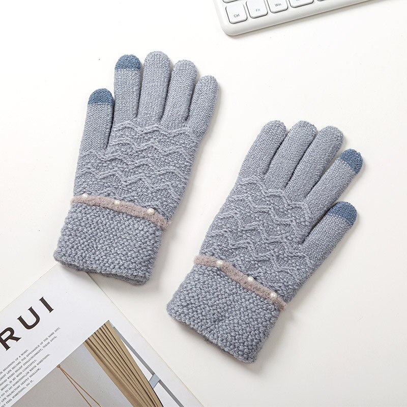 Vinter stickade handskar för kvinnor tjocka varma handskar kvinnlig pärladekoration pekskärm full fingrar handledsvantar damer guantes: Blå