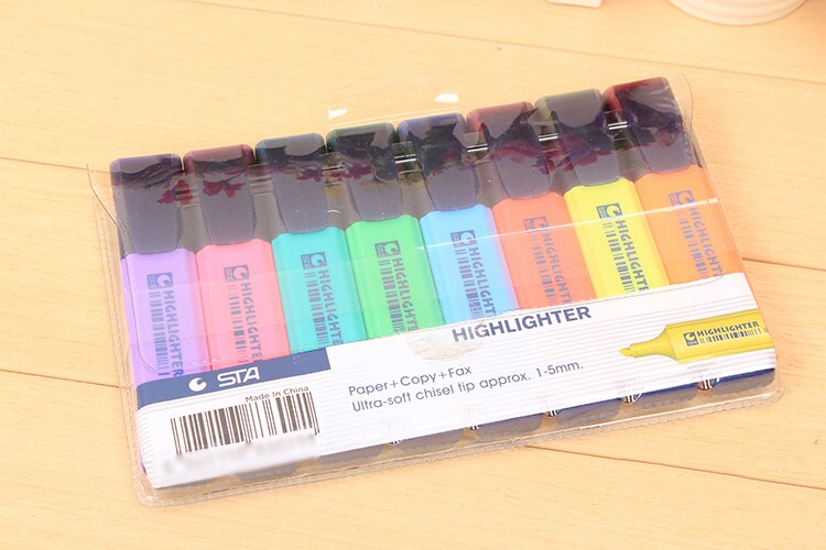 8 farge highlighter tusj 8 penner/boks, meiselspiss  of 5mm,  fargerik blekk, ygb 00014