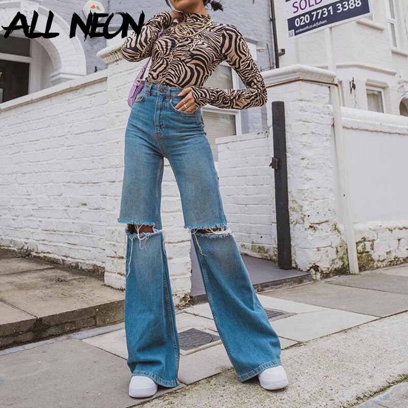 ALLNeon Y2K High Waist Ripped Jeans Vintage E-girl Aesthetics Hole Wide-leg Baggy Pants 90s Streetwear Denim Trousers