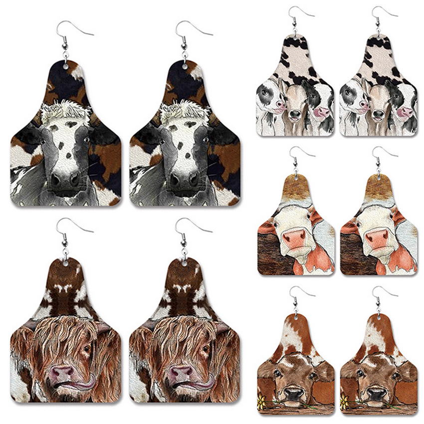 Pendientes con estampado de vaca para mujer, aretes de cuero PU con etiqueta de vaca, del Salvaje Oeste, vaquero, estilo Texas, joyería al por mayor,