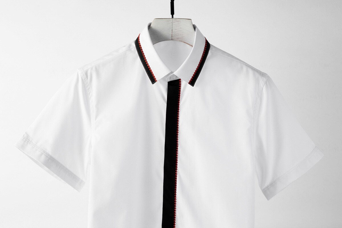 Minglu sort hvid splejsning herreskjorter kontrastfarve broderi kortærmede herre kjole skjorter plus størrelse 3xl 4xl festskjorter mand